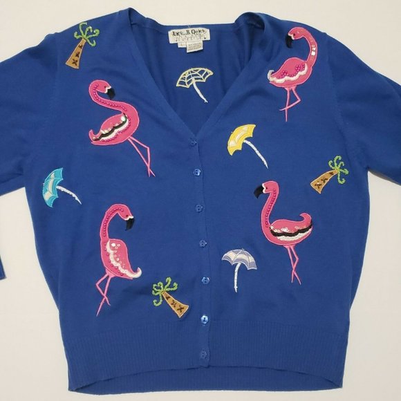 Jack B Quick Women's Cardigan Sweater Large Blue Flamingos Umbrellas Beaded - Picture 5 of 12